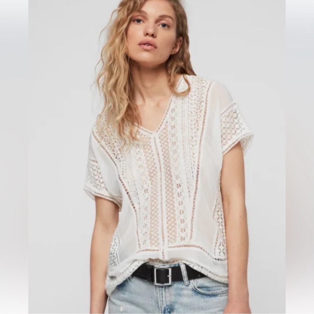 ALL SAINTS Women Sheer Oyster White Lace CINDI Top - Size XS